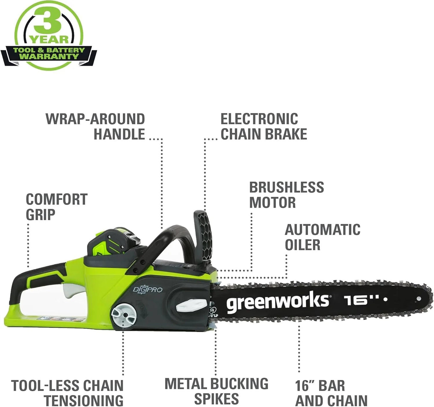 Greenworks 40V 16" Brushless Cordless Chainsaw, 4.0Ah Battery and Charger Included