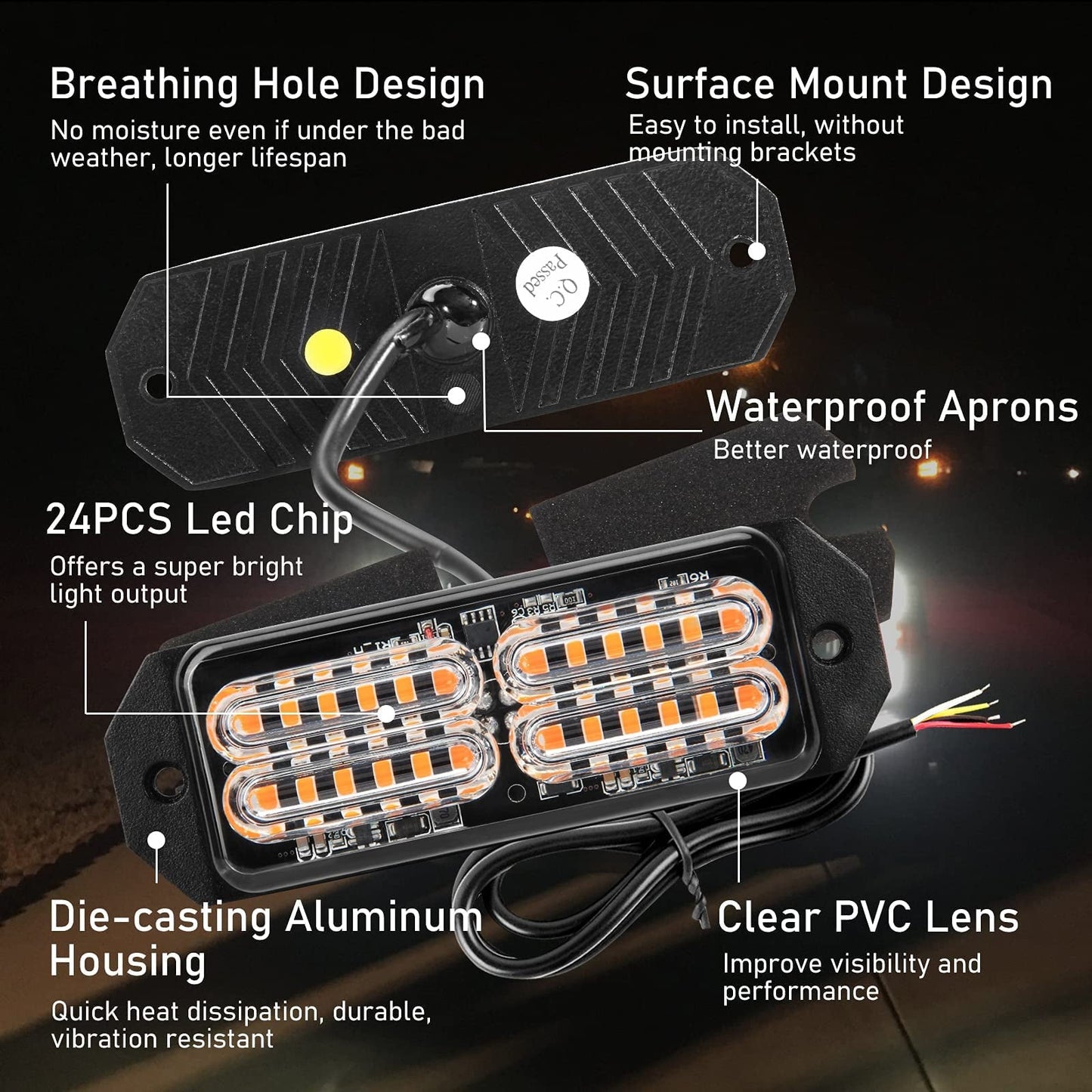 Led Grille Strobe Lights YPF5 Amber, 24-Led Emergency Warning Light Bar Universal Surface Mount, 23 Flashing Mode, for Offroad Vehicle ATVs Truck,8PC Pack (PZ-CB-03-Y-8)
