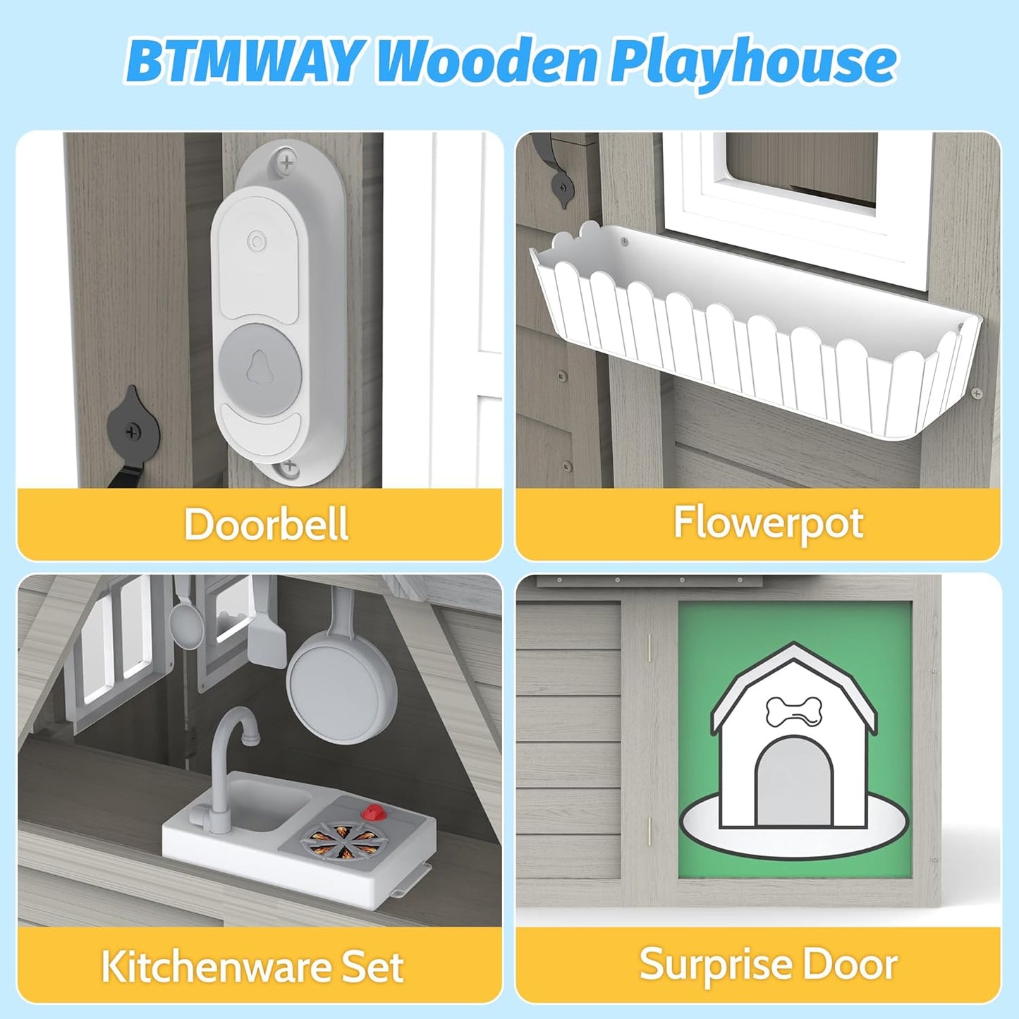 Kids Wooden Outdoor Playhouse with Kitchen & Accessories, Ages 3–8