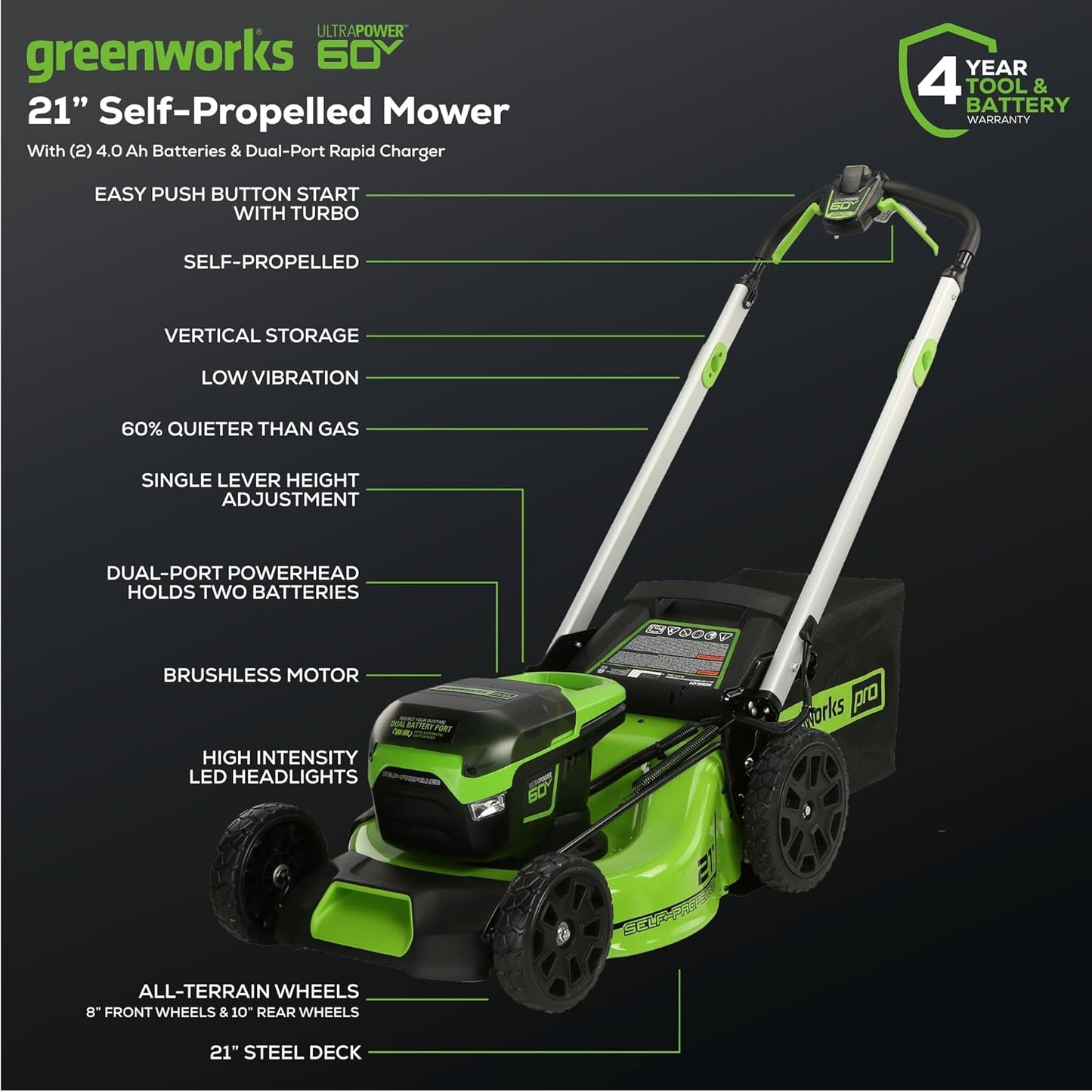 Greenworks 60V 21” Cordless (Self-Propelled) Lawn Mower , 2 x 4.0Ah Batteries and Dual Port Rapid Charger sgtnighsdesigns