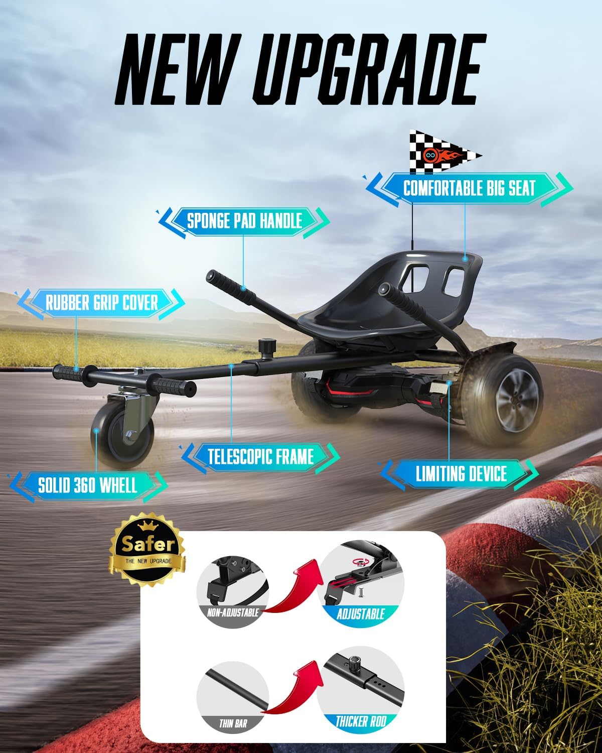 Hoverboard Go Kart with Rear Shock Absorption, Hoverboard Seat Attachment Accessory for 6" to 10" Hoverboard, Adjustable Frame Length & Off-Road Rubber Wheel (Not Including Hoverboard