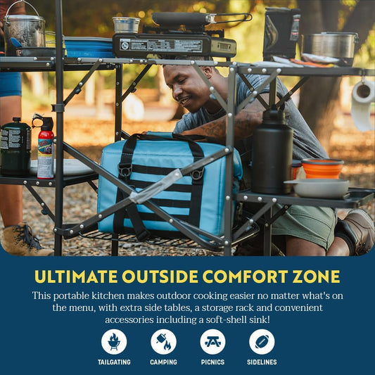 GCI OUTDOOR Master Cook Station | Portable Folding Kitchen Table with Soft Shell Sink, Heat Resistant Tabletop & Telescoping Lanter Pole, Perfect for Camping Trips