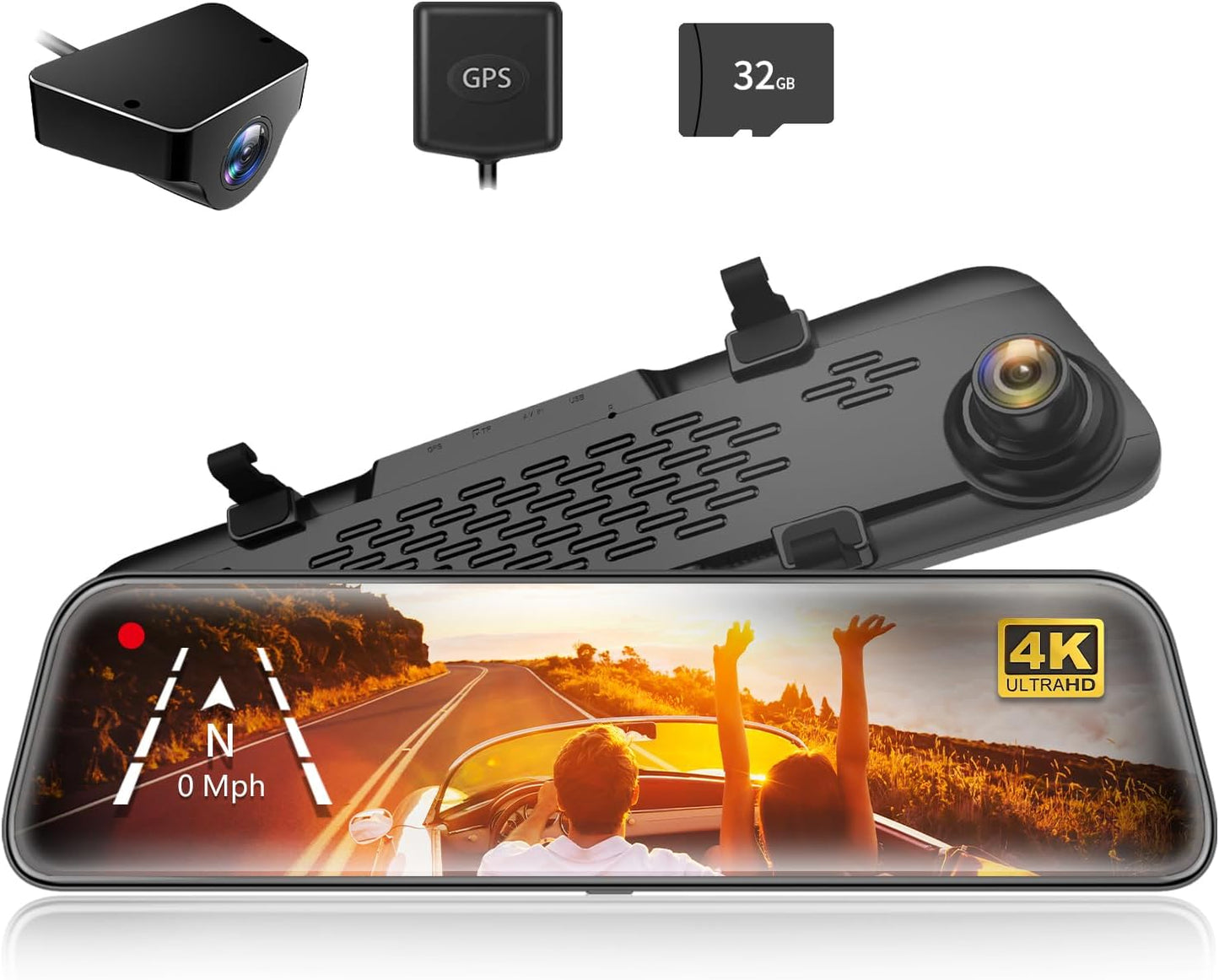 12" 4K Mirror Dash Cam Backup Camera, 2160P Full HD Smart Rearview Mirror for Cars & Trucks, Front and Rear View Dual Cameras, Night Vision, Parking Assistance, Free 32GB Card & GPS