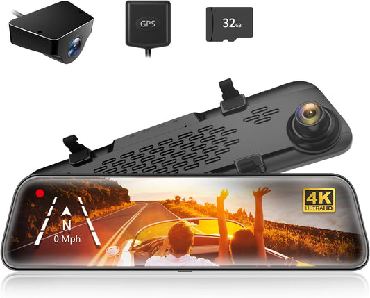 12" 4K Mirror Dash Cam Backup Camera, 2160P Full HD Smart Rearview Mirror for Cars & Trucks, Front and Rear View Dual Cameras, Night Vision, Parking Assistance, Free 32GB Card & GPS