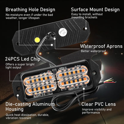 Led Grille Strobe Lights YPF5 Amber, 24-Led Emergency Warning Light Bar Universal Surface Mount, 23 Flashing Mode, for Offroad Vehicle ATVs Truck,8PC Pack (PZ-CB-03-Y-8)