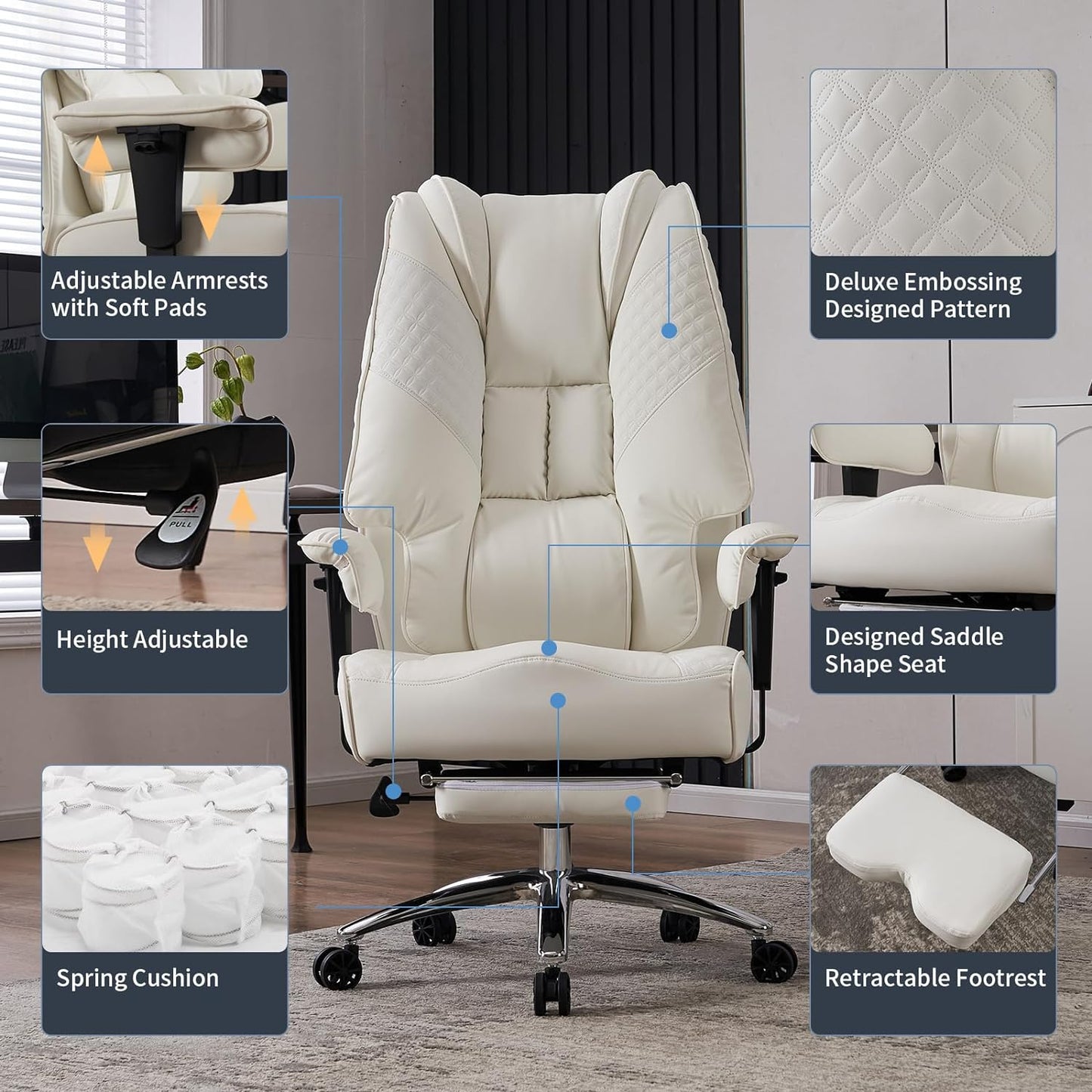 Large Tall Office Chair 400 lbs Wide Seat, Leather High Back Executive Office Chair with Footrest, Ergonomic Office Chair Lumbar Support to Relieve Lower Back Pain (Beige)