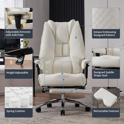 Large Tall Office Chair 400 lbs Wide Seat, Leather High Back Executive Office Chair with Footrest, Ergonomic Office Chair Lumbar Support to Relieve Lower Back Pain (Beige)