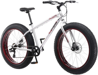 Malus Mens and Women Fat Tire Mountain Bike, 26-Inch Bicycle Wheels, 4-Inch Wide Knobby Tires, Steel Frame, 7 Speed Drivetrain, Shimano Rear Derailleur, Disc Brakes