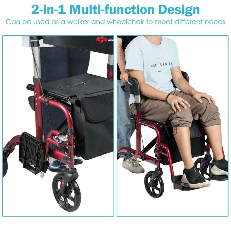 2 In 1 Rollator Walker Wheelchair Folding Medical Walker Aluminum Transport Chair Mobility Walking Aid - Comfortable And Ergonomic Design