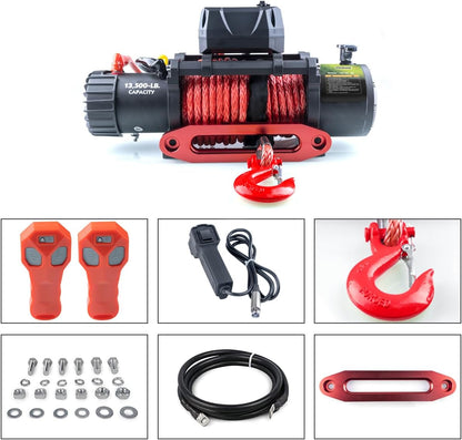 13500lb Waterproof Electric Red Synthetic Rope Winch with Hawse Fairlead, Wired Handle and 2 Wireless Remote (RED)