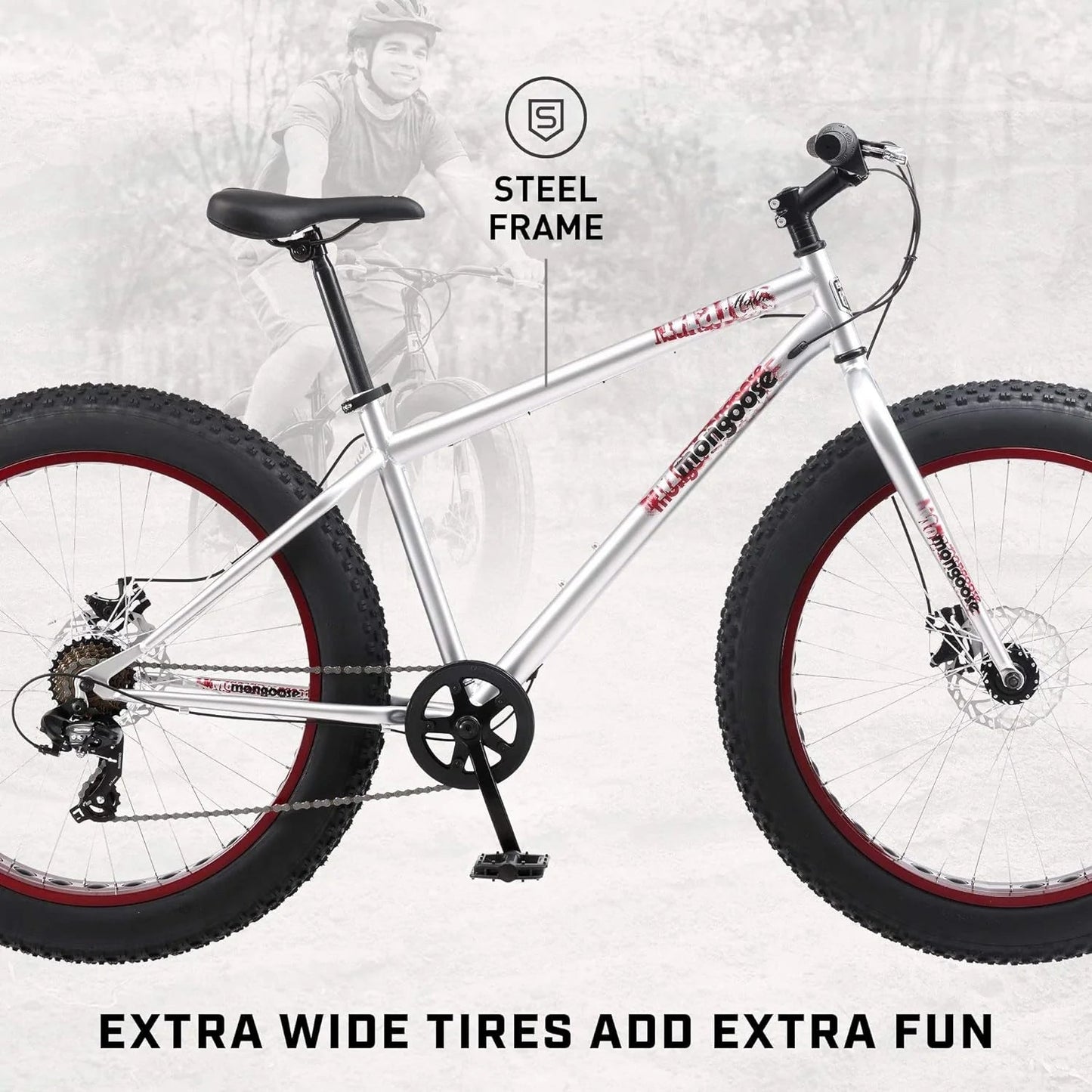 Malus Mens and Women Fat Tire Mountain Bike, 26-Inch Bicycle Wheels, 4-Inch Wide Knobby Tires, Steel Frame, 7 Speed Drivetrain, Shimano Rear Derailleur, Disc Brakes