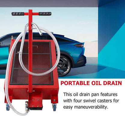 20 Gallon Low Profile Roll Around Oil Drain Pan with 110V Electric Pump 8 Feet Hose for Trucks Cars SUVS Red