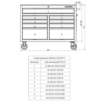 Gloss Black 46′′ 9-Drawer Mobile Tool Chest Workbench with Power Strip & Solid Wood Top