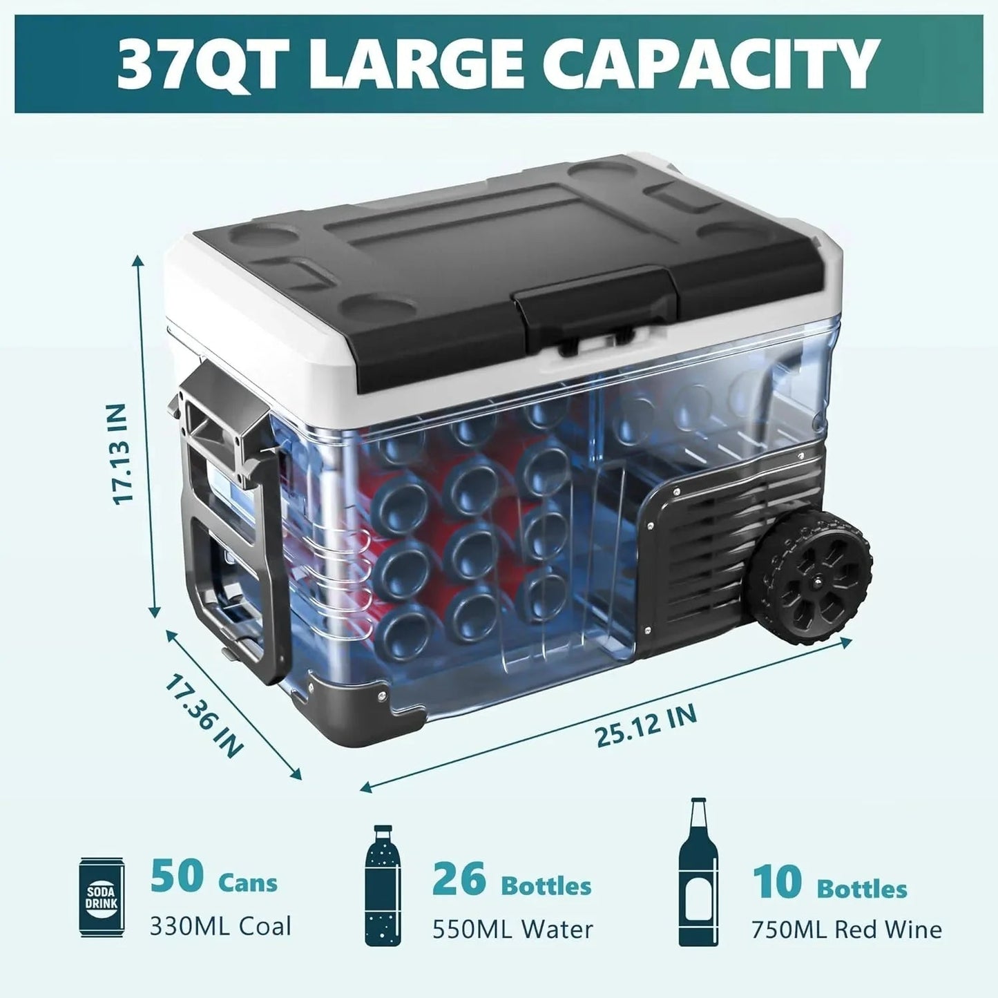 12 Volt Refrigerator, 53QT(50L) Electric Cooler, Portable Freezer 12V/24V DC 110-240V AC, 12V Fridge -4 ~68 , 12V Cooler with Wheels & 2 Baskets for Travel, Truck, Boat, Camping
