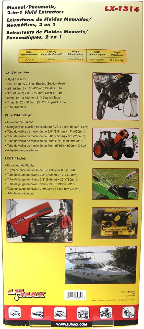 LX-1314 Gold/Silver Manual/Pneumatic 2-in-1 Fluid Extractor (2.6G 10L Capacity). Suitable for Brake Fluid, Engine Oil, Gear Oil, Transmission Fluid, Water, etc.