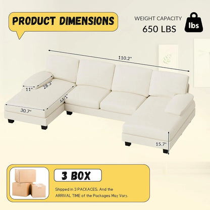 JUMMICO Sectional Couches for Living Room, U Shaped Couch with Chenille Fabric, 4 Seat Modern Sofa with Removable Pillows for Apartment and Small Space (Fabric, Grey)