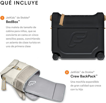 JetKids by Stokke Travel Bundle - Includes Kid's Ride-On Suitcase & In-Flight Bed + Crew BackPack - Best for Ages 3-7