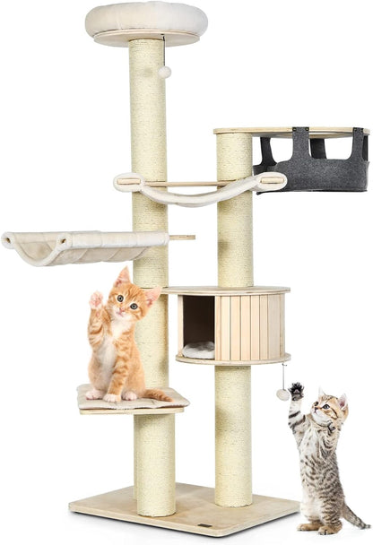 Large cat tree, multi-level tower with sisal posts, hammock, hanging basket and removable washable mats, perfect for large cats