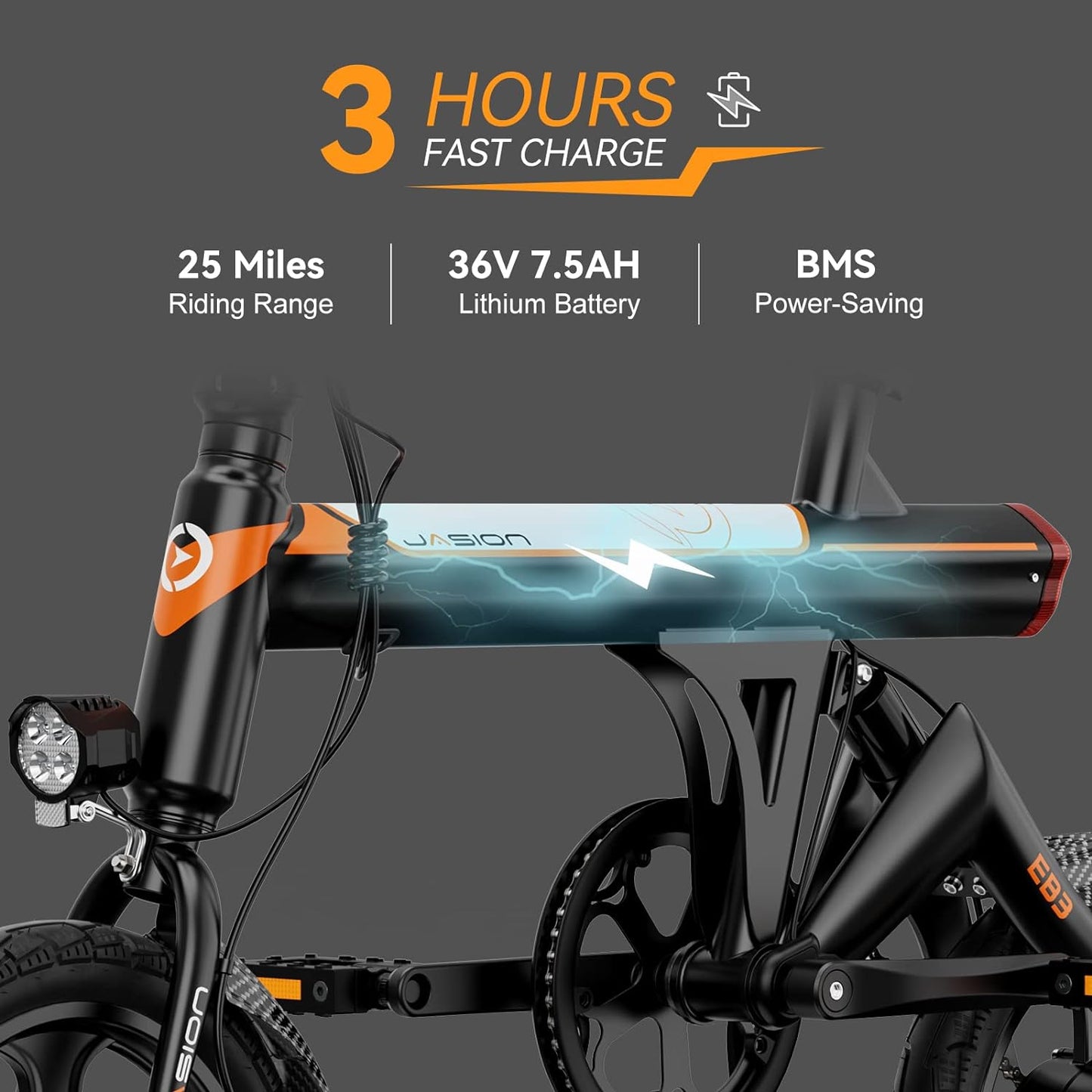 Jasion EB3 Electric Bike Adults 21mph, 500W Peak Motor, 270Wh Battery, Rear Suspension, 3 Levels Assist, 14′′ Folding Ebike for Adults and Teens, Complies to UL2849