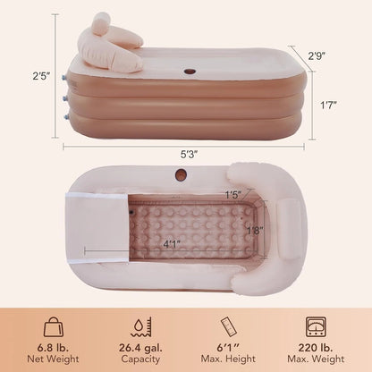 Inflatable Adult Bath Tub, Free-Standing Blow Up Bathtub with Foldable Portable Feature for Adult Spa with Electric Air Pump (High-Density PVC)