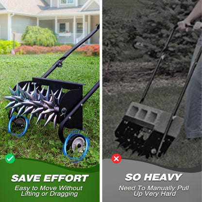 18-Inch Push Spike Aerator, Heavy Duty Rolling Lawn Aerator, Rotary Spike Lawn Aerator, Manual Lawn Aeration Equipment with Steel Handle, Suitable for Lawn, Garden, and Yard Grass Aeration