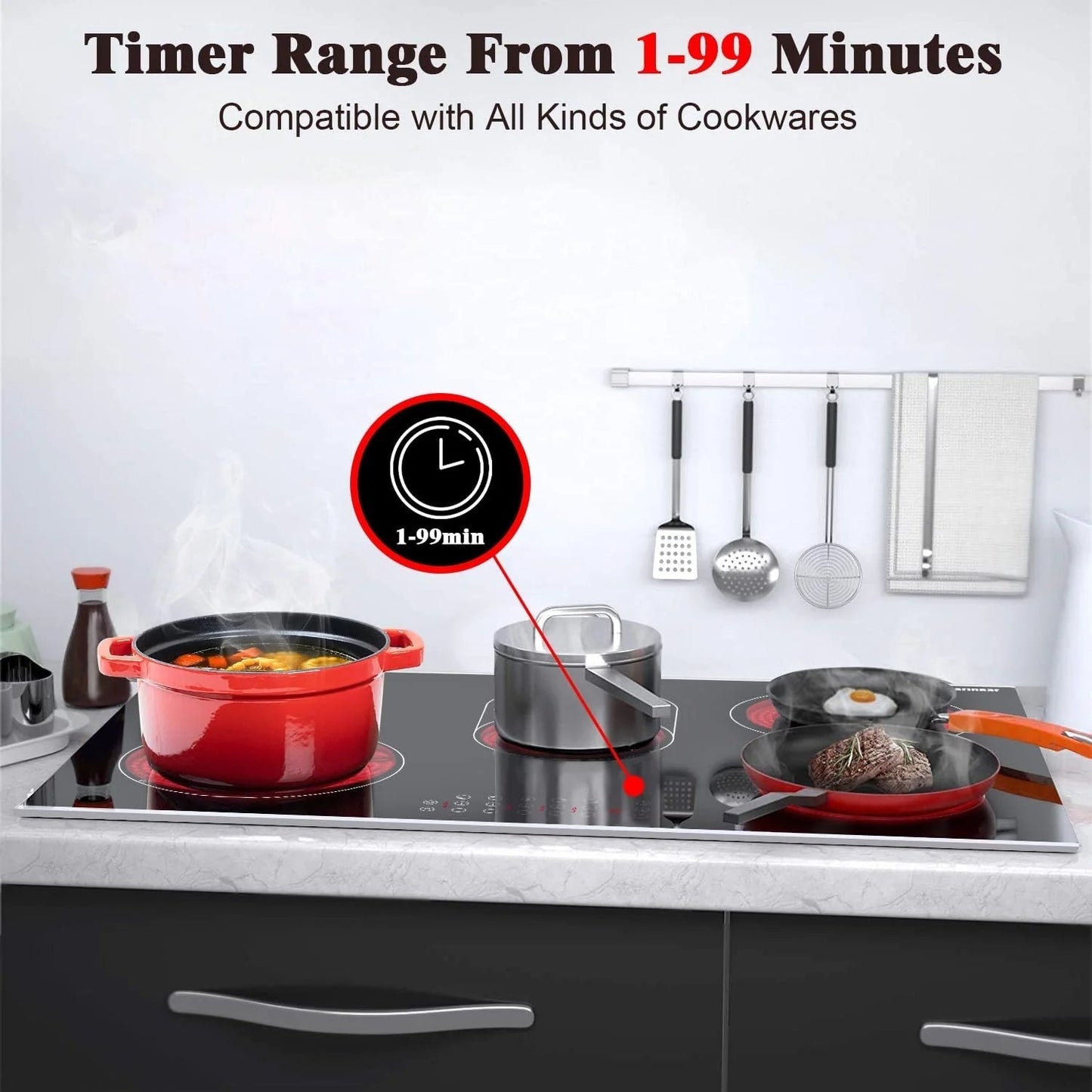 Karinear 8400W 30 Inch Electric Cooktop 5 Burners Ceramic Cooktop, 220-240V, Hard Wire, No Plug