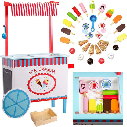 Ice Cream Truck Pretend Play Stand for Kids - High Quality Wooden 33+ Piece Realistic Wooden Toy Set