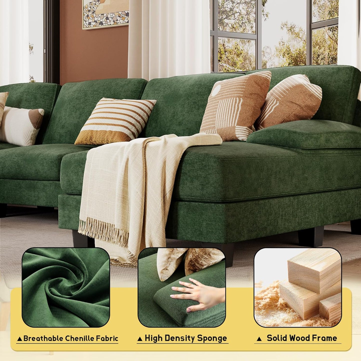 JUMMICO Sectional Couches for Living Room, U Shaped Couch with Chenille Fabric, 4 Seat Modern Sofa with Removable Pillows for Apartment and Small Space (Fabric, Grey)
