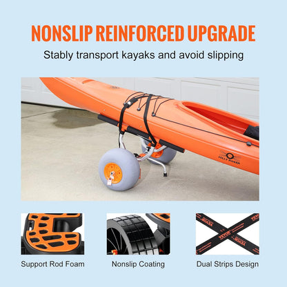 Heavy Duty Kayak Cart, 350lbs Load Capacity, Foldable Canoe Trolley with 13'' Beach Wheels, Adjustable Carrier Width & Nonslip Support Foot, for Kayaks Canoes Paddleboards Float Mats Jon Boats