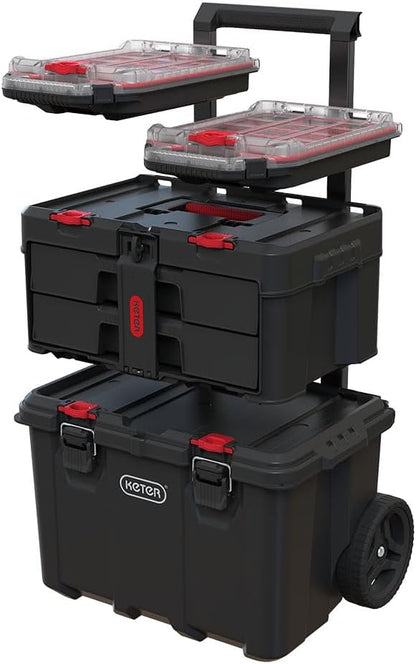 Keter Stack-n-Roll Modular Tools Organizer for Garage Storage and DIY, 3 Piece Resin Rolling Tool Box System for Small Parts
