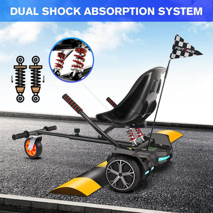 Hoverboard Go Kart with Rear Shock Absorption, Hoverboard Seat Attachment Accessory for 6" to 10" Hoverboard, Adjustable Frame Length & Off-Road Rubber Wheel (Not Including Hoverboard