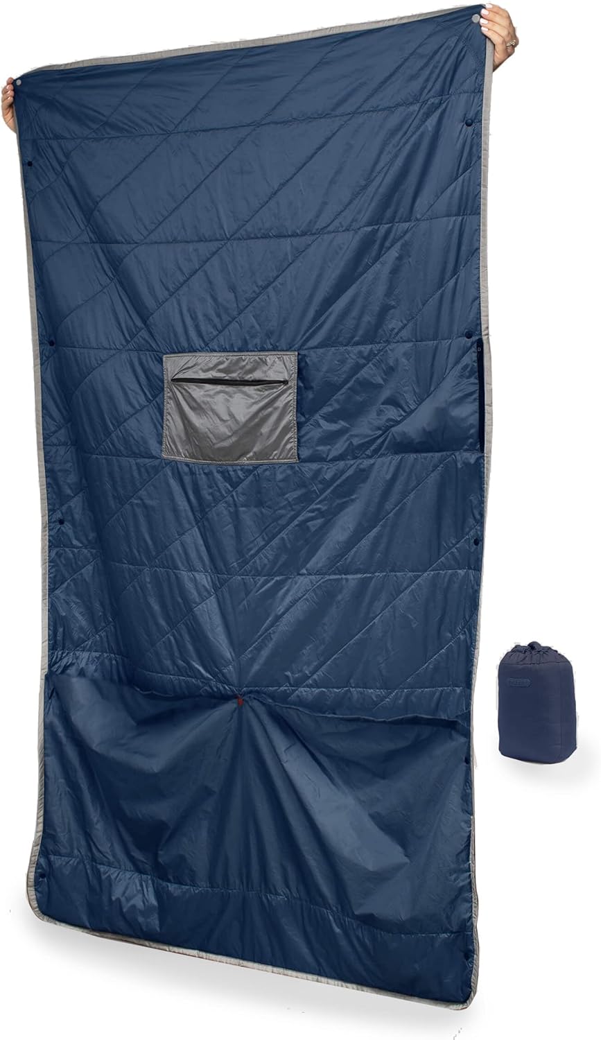 Layover Ultra-Compact Packable Down Blanket for Travel & Camping - Lightweight, Warm Travel Blanket Airplane, Car Blanket, Camping Blankets for Cold Weather - Includes Carrying Pouch (Blue)