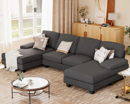 JUMMICO Sectional Couches for Living Room, U Shaped Couch with Chenille Fabric, 4 Seat Modern Sofa with Removable Pillows for Apartment and Small Space (Fabric, Grey)