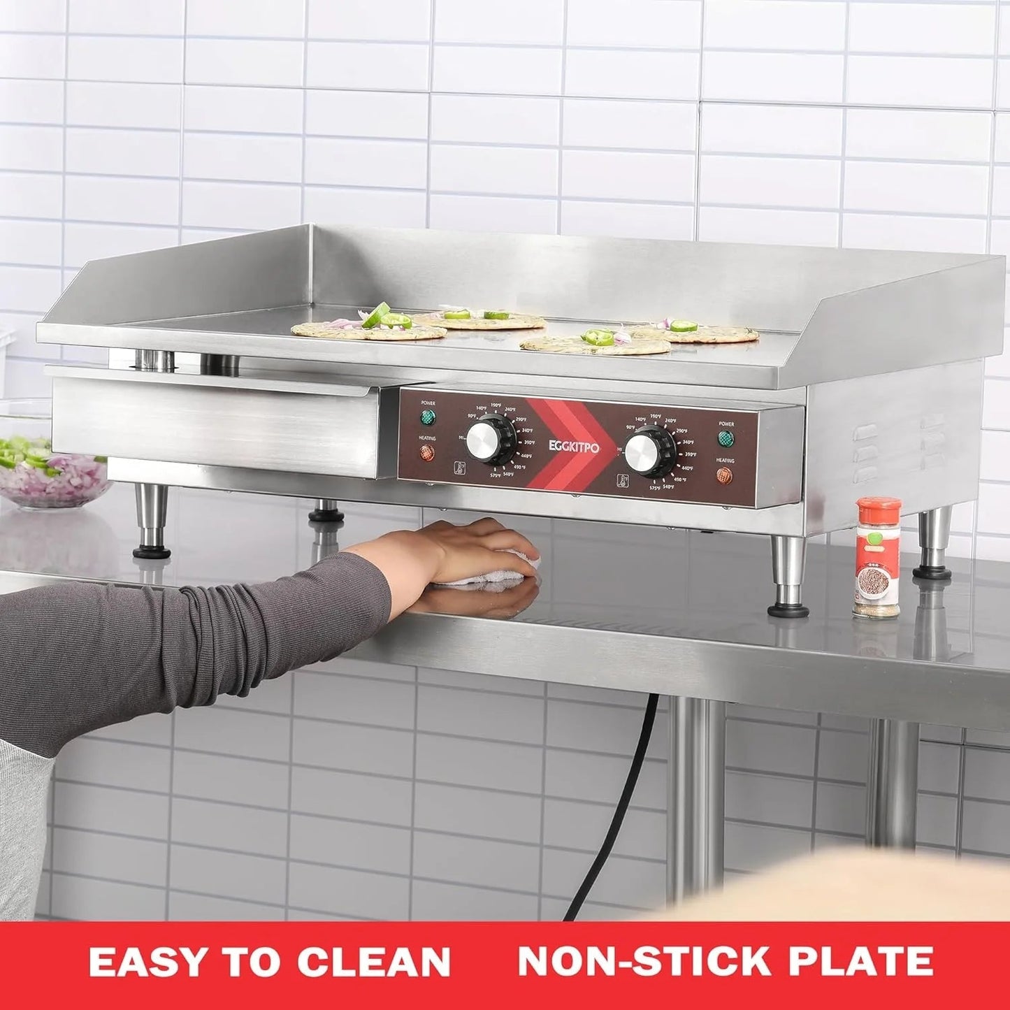 14 Inch Electric Griddle, Non-Stick Flat Top Grill Commercial Electric Countertop Griddles Stainless Steel Adjustable Temperature Control 90F-575F for Home or Restaurant Use