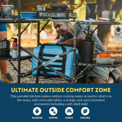 GCI OUTDOOR Master Cook Station | Portable Folding Kitchen Table with Soft Shell Sink, Heat Resistant Tabletop & Telescoping Lanter Pole, Perfect for Camping Trips