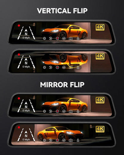 12" 4K Mirror Dash Cam Backup Camera, 2160P Full HD Smart Rearview Mirror for Cars & Trucks, Front and Rear View Dual Cameras, Night Vision, Parking Assistance, Free 32GB Card & GPS