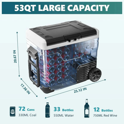 12 Volt Refrigerator, 53QT(50L) Electric Cooler, Portable Freezer 12V/24V DC 110-240V AC, 12V Fridge -4 ~68 , 12V Cooler with Wheels & 2 Baskets for Travel, Truck, Boat, Camping