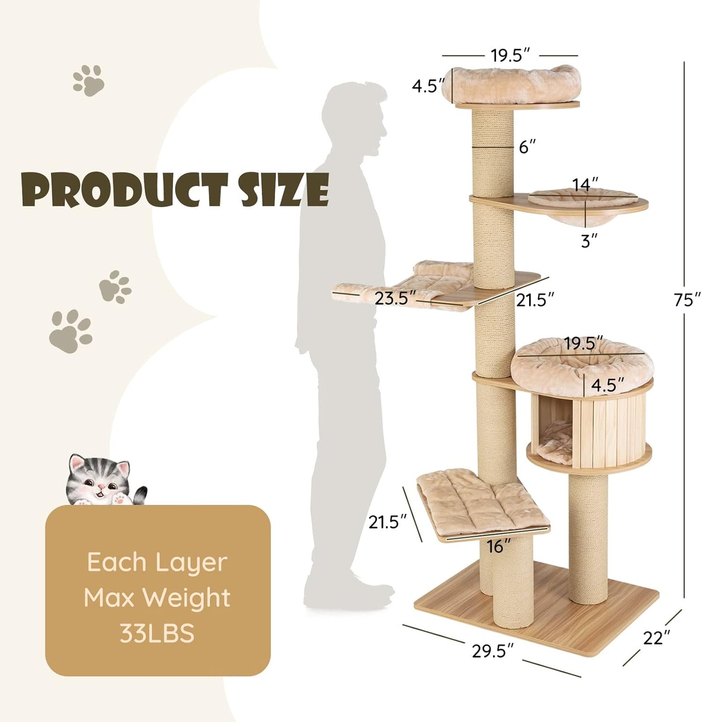Large cat tree, multi-level tower with sisal posts, hammock, hanging basket and removable washable mats, perfect for large cats