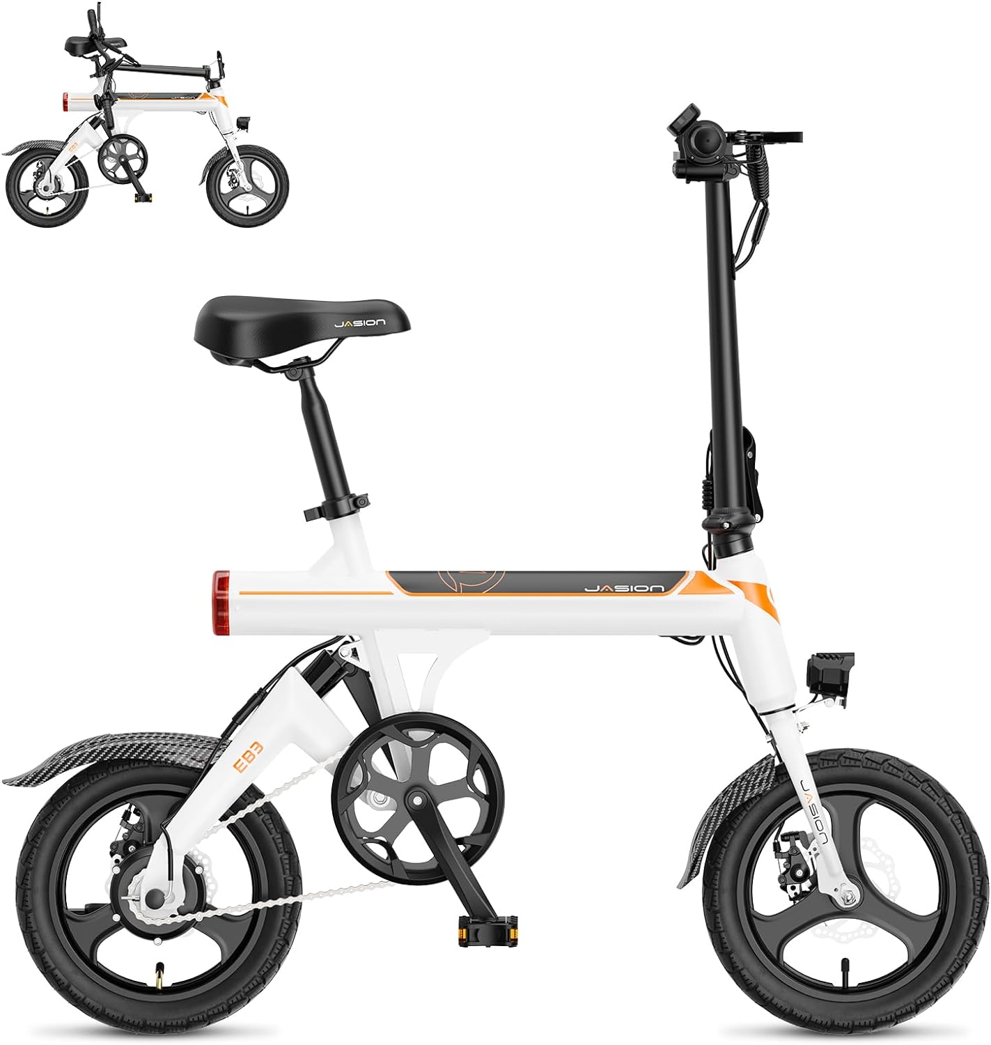 Jasion EB3 Electric Bike Adults 21mph, 500W Peak Motor, 270Wh Battery, Rear Suspension, 3 Levels Assist, 14′′ Folding Ebike for Adults and Teens, Complies to UL2849