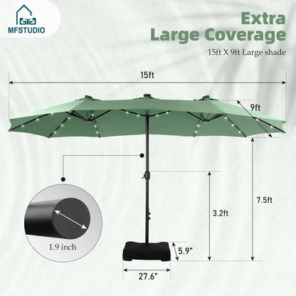 15ft Double Sided Patio Umbrella with Solar Lights, Outdoor Large Umbrellas with Crank Handle and 36 LED Lights, Rectangular Market Umbrella with Base Included for Deck Pool Shade