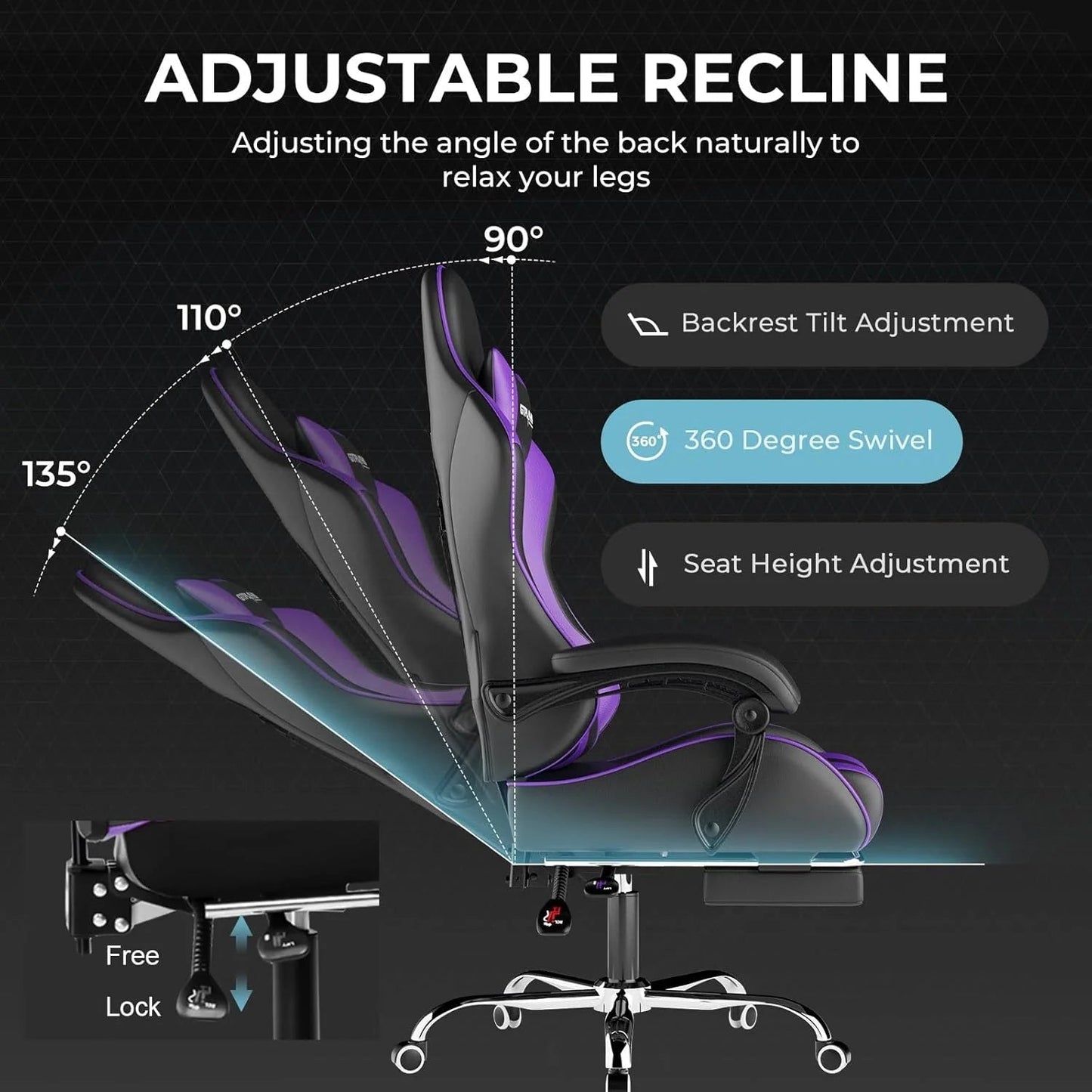 GTPLAYER Gaming Chair with Footrest and Lumbar Support – Ergonomic Computer Chair with Headrest, 360° Swivel, Height Adjustable, White
