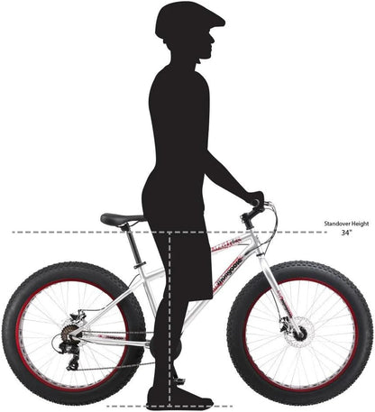Malus Mens and Women Fat Tire Mountain Bike, 26-Inch Bicycle Wheels, 4-Inch Wide Knobby Tires, Steel Frame, 7 Speed Drivetrain, Shimano Rear Derailleur, Disc Brakes