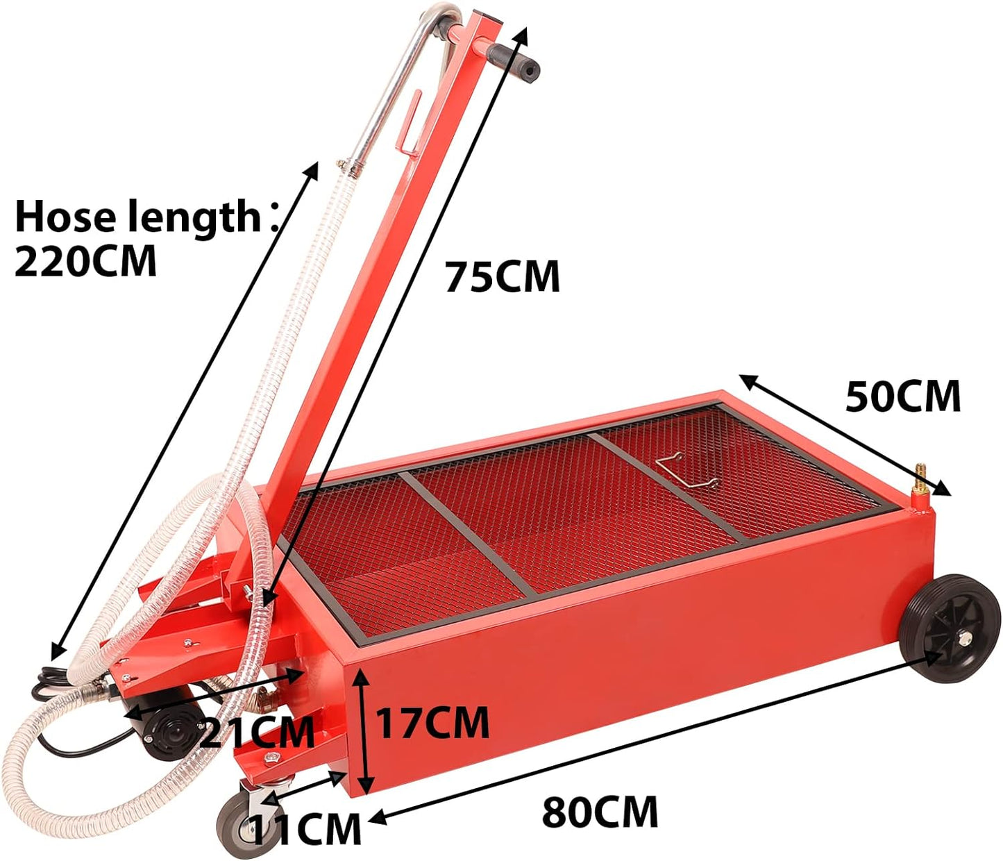 20 Gallon Low Profile Roll Around Oil Drain Pan with 110V Electric Pump 8 Feet Hose for Trucks Cars SUVS Red