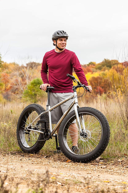 Malus Mens and Women Fat Tire Mountain Bike, 26-Inch Bicycle Wheels, 4-Inch Wide Knobby Tires, Steel Frame, 7 Speed Drivetrain, Shimano Rear Derailleur, Disc Brakes