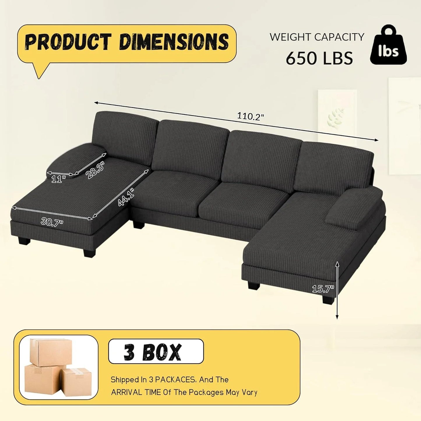 JUMMICO Sectional Couches for Living Room, U Shaped Couch with Chenille Fabric, 4 Seat Modern Sofa with Removable Pillows for Apartment and Small Space (Fabric, Grey)