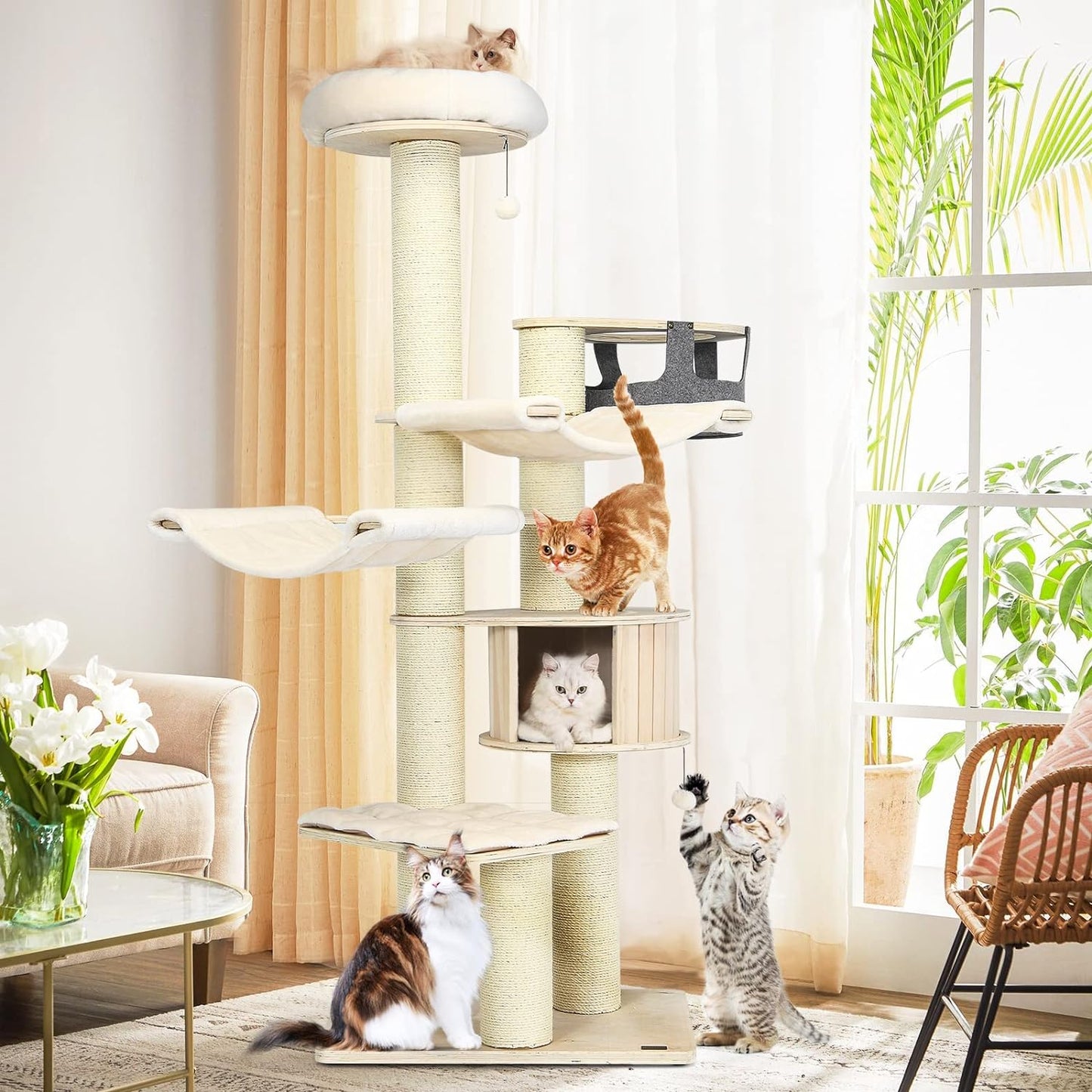 Large cat tree, multi-level tower with sisal posts, hammock, hanging basket and removable washable mats, perfect for large cats