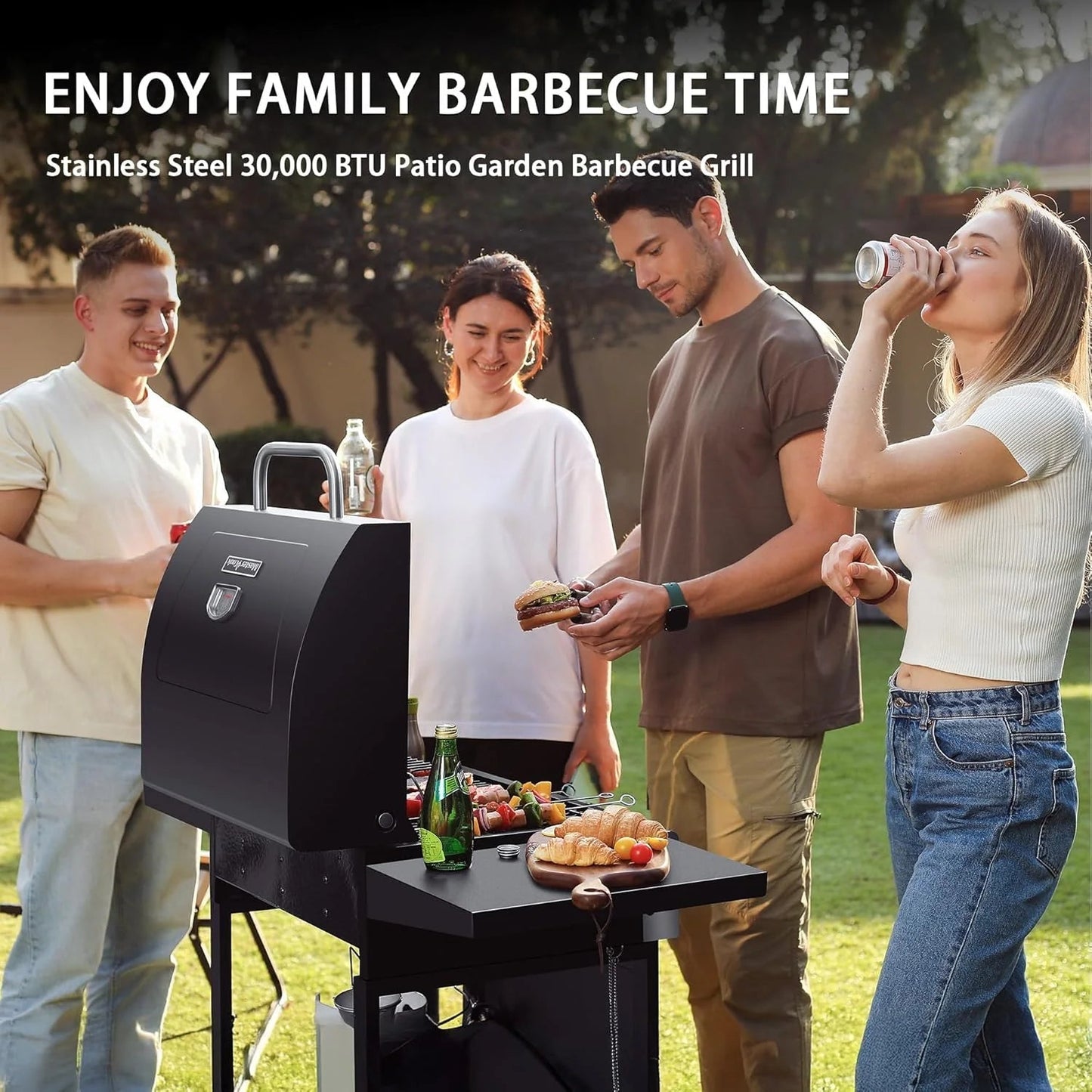 MASTER COOK 3 Burner BBQ Propane Gas Grill, Stainless Steel 30,000 BTU Patio Garden Barbecue Grill with Two Foldable Shelves