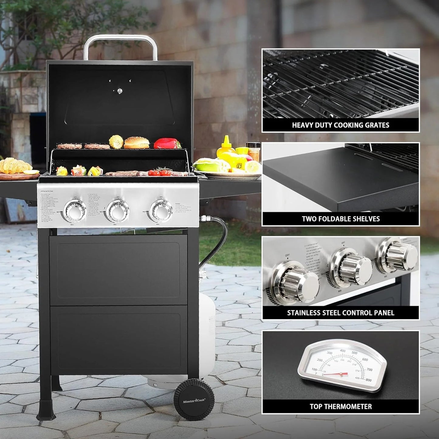 MASTER COOK 3 Burner BBQ Propane Gas Grill, Stainless Steel 30,000 BTU Patio Garden Barbecue Grill with Two Foldable Shelves