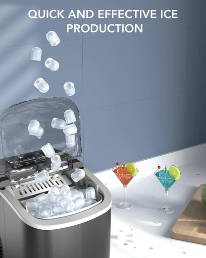 Ice Maker Countertop, Efficient Easy Carry Ice Machine, Self-Cleaning Ice Maker with Ice Scoop & Basket, 9pcs/ 8mins 26.6Lbs Per Day for Home/Office/Kitchen,Black