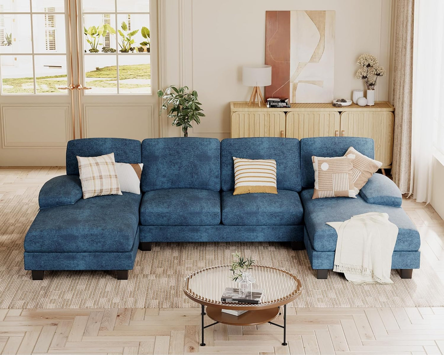 JUMMICO Sectional Couches for Living Room, U Shaped Couch with Chenille Fabric, 4 Seat Modern Sofa with Removable Pillows for Apartment and Small Space (Fabric, Grey)